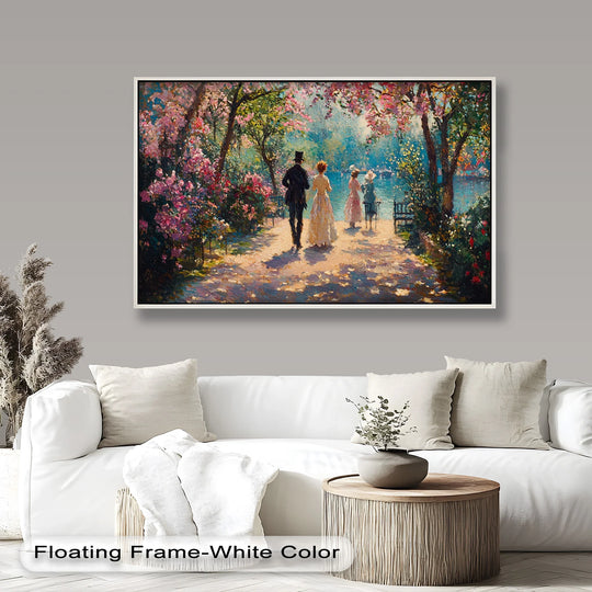 The finish of this modern oil painting art enhances the impressionistic style of the springtime promenade, depicting a couple strolling along a romantic garden path.