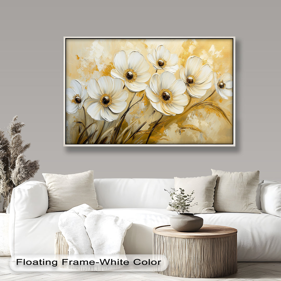 Golden bloom artwork featuring textured white petals and metallic highlights.
