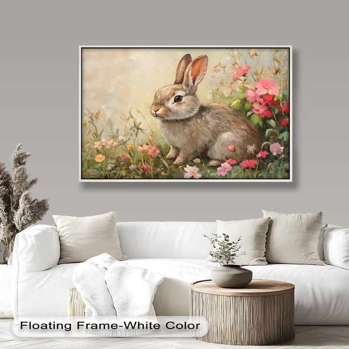 Curious Bunny Among Spring Blossoms – Animal Oil Painting