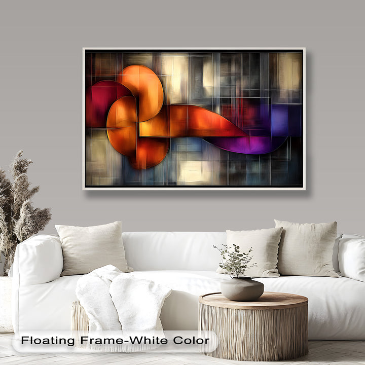 Contemporary abstract painting with bold orange forms and purple gradients.
