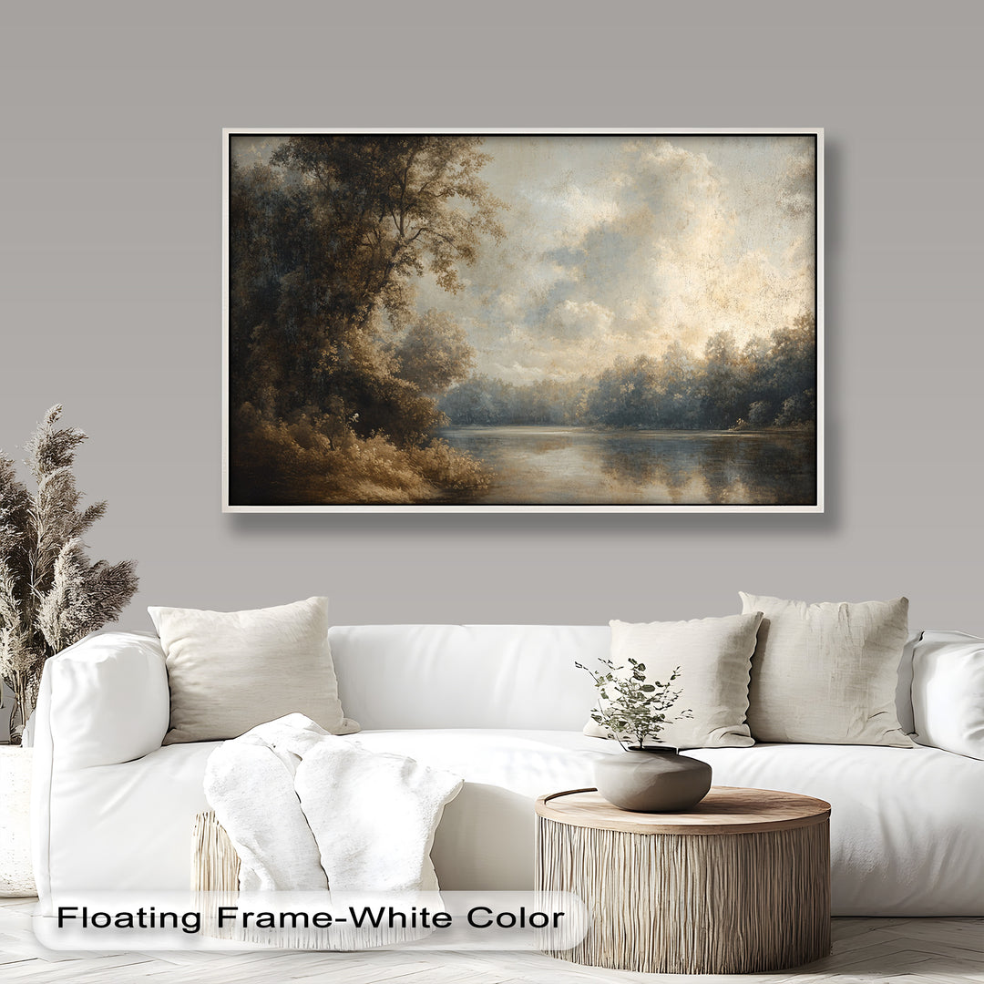Golden river valley painting with sunlit forest and tranquil waters.
