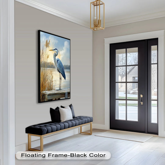 Capturing the foreground detail, this serene animal oil painting decoration presents a majestic heron perched on a weathered dock in a misty marshland.