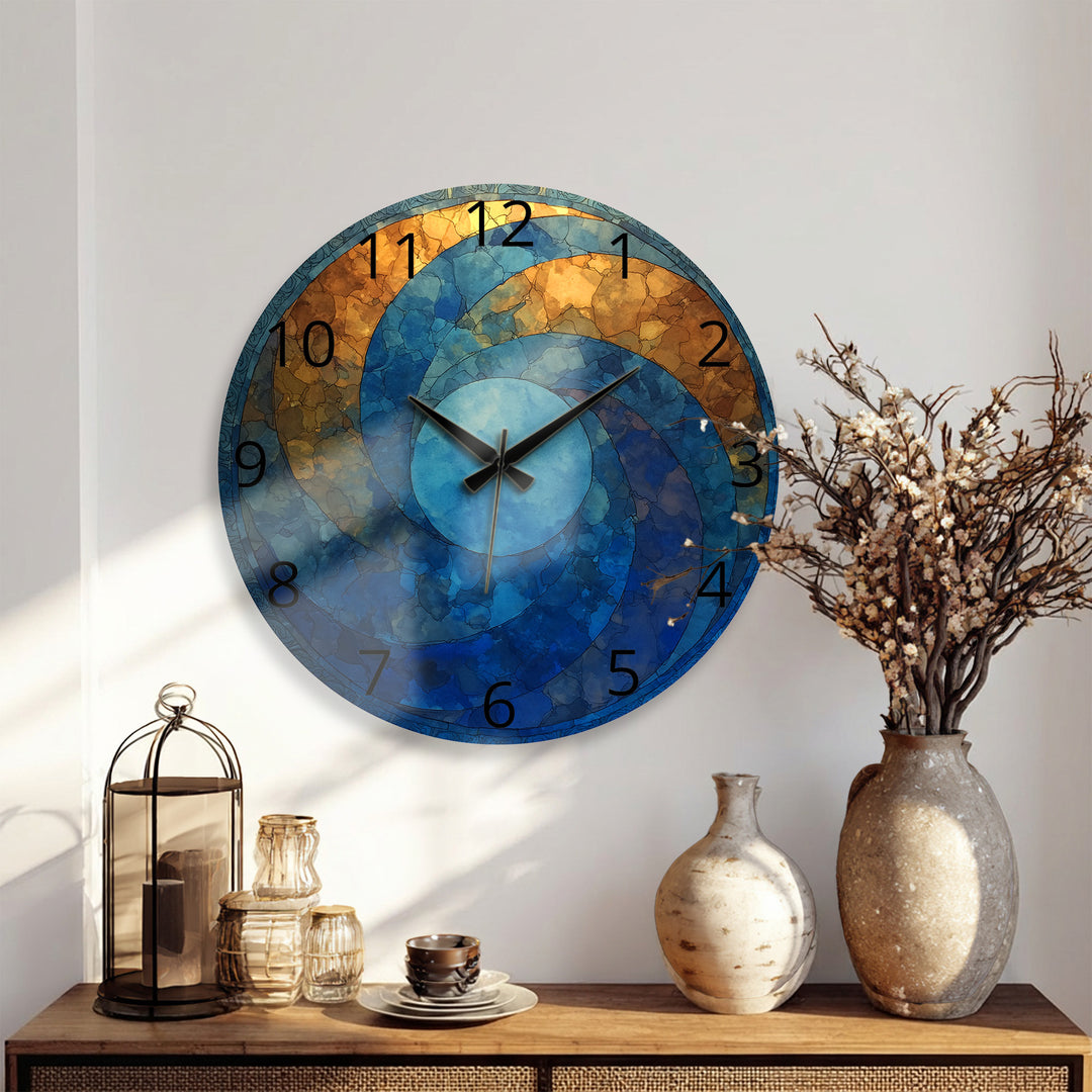 Blaue und goldene Glaswanduhr – abstraktes Kreisdekor