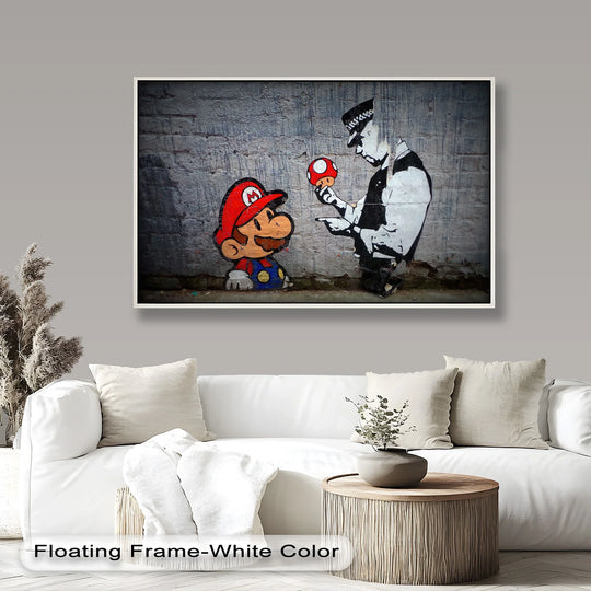 Depth and layers are created in the Mario Meets the Law Banksy oil painting art piece depicting the interaction between Mario and a police officer in a satirical street art scene.