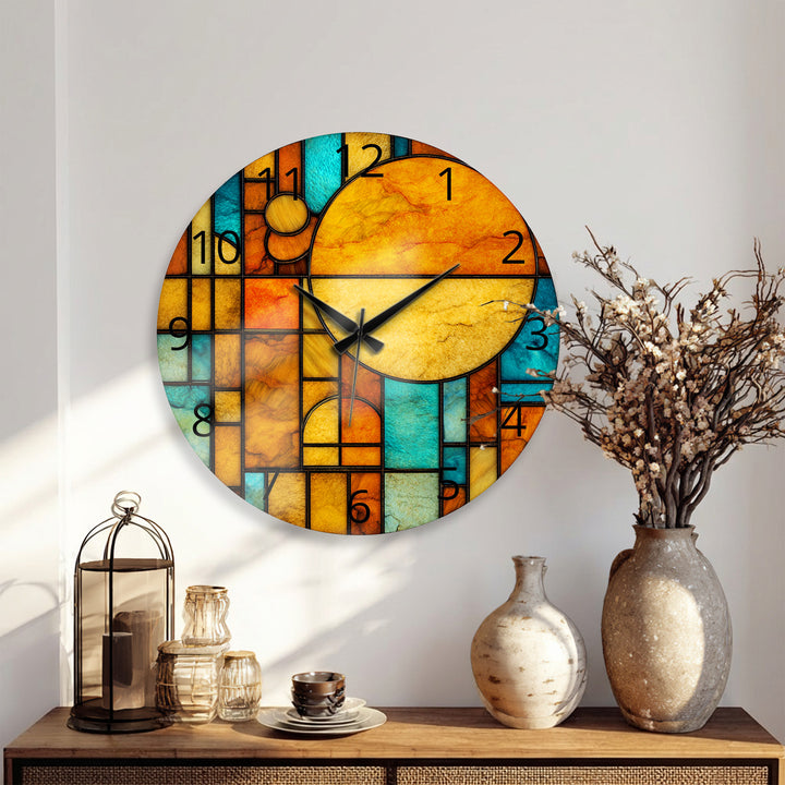Orangefarbene und blaugrüne Glaswanduhr – geometrische Retro-Sonnenkunst