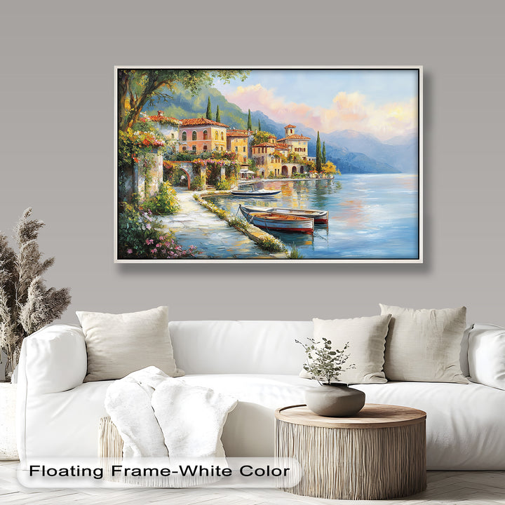 Italian Lake Village Wall Art – Mediterranean Oil Painting