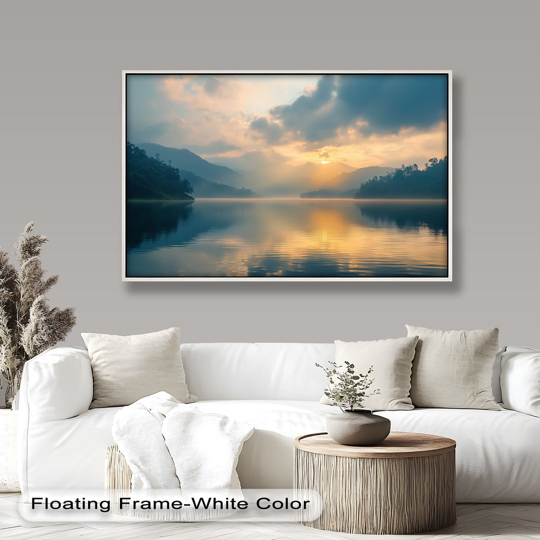 Experience the peaceful beauty of a golden sunrise reflecting off a still mountain lake in this breathtaking oil painting. Misty hills and soft clouds add depth and tranquility, making it a perfect statement piece for any space.