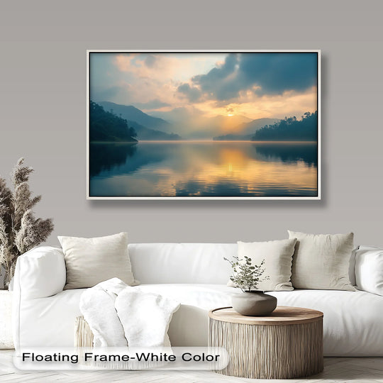 Deep layers of mist-shrouded mountains create a captivating sense of depth in this scenic oil painting home decor depicting a sunrise over a tranquil lake.