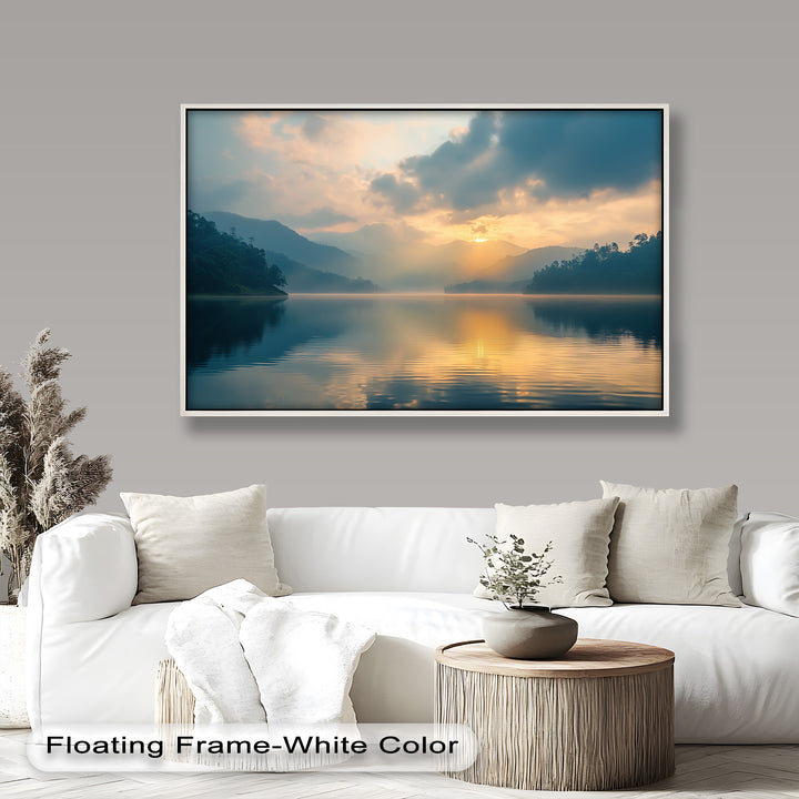 Experience the peaceful beauty of a golden sunrise reflecting off a still mountain lake in this breathtaking oil painting. Misty hills and soft clouds add depth and tranquility, making it a perfect statement piece for any space.
