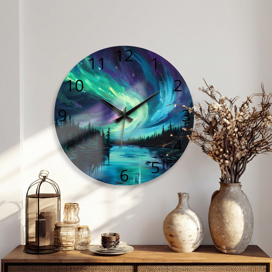 Northern Lights Glass Wall Clock – Aurora Borealis Decor