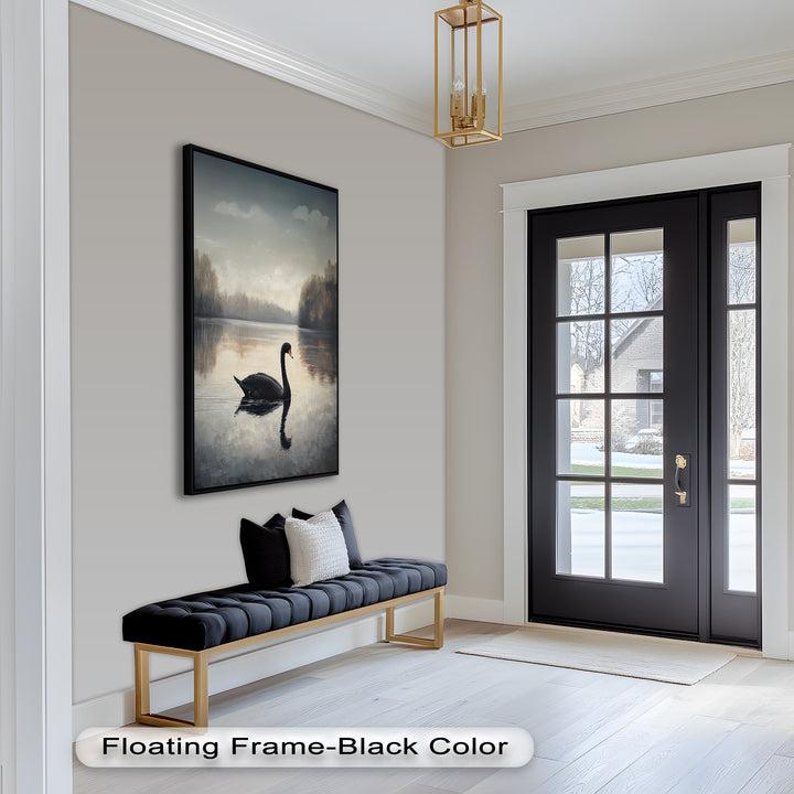 Black Swan at Dusk – Lake Scene Oil Painting