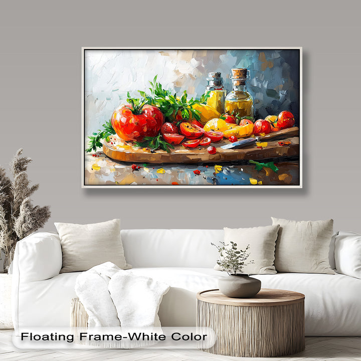 This deliciously detailed painting showcases the freshness and vibrance of a harvest table, full of ripe tomatoes, herbs, and golden oil bottles.