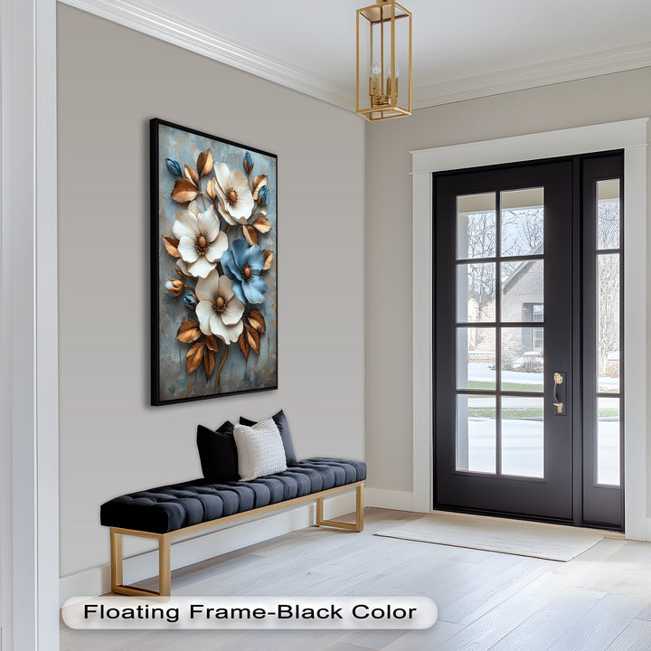 Gilded Petals – Luxuriöses Ölgemälde mit weißen und blauen Blumen
