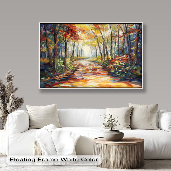 A striking interplay of light and color, this framed wall art captures a sun-drenched path meandering through a luminous autumn forest. The dynamic impressionist style enhances the feeling of movement and serenity.