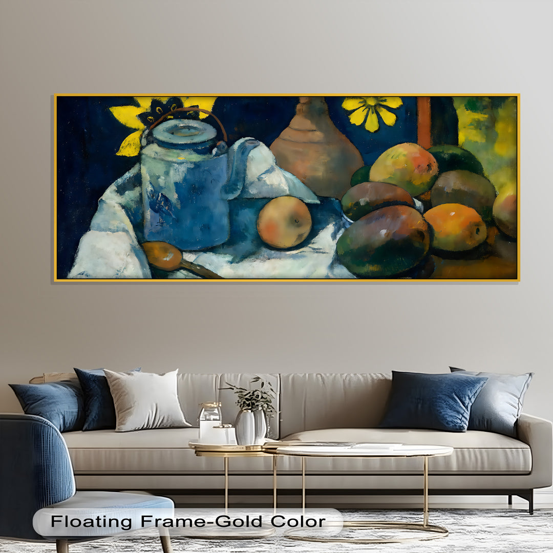 Rustikales Stillleben mit Mangos und Teekanne – Food Paintings