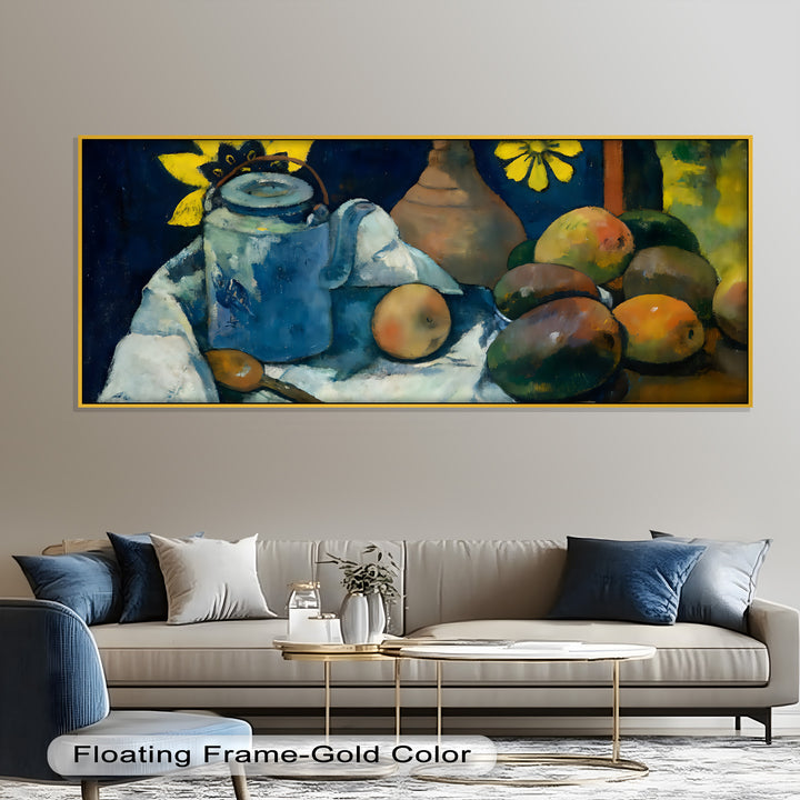 Rustikales Stillleben mit Mangos und Teekanne – Food Paintings