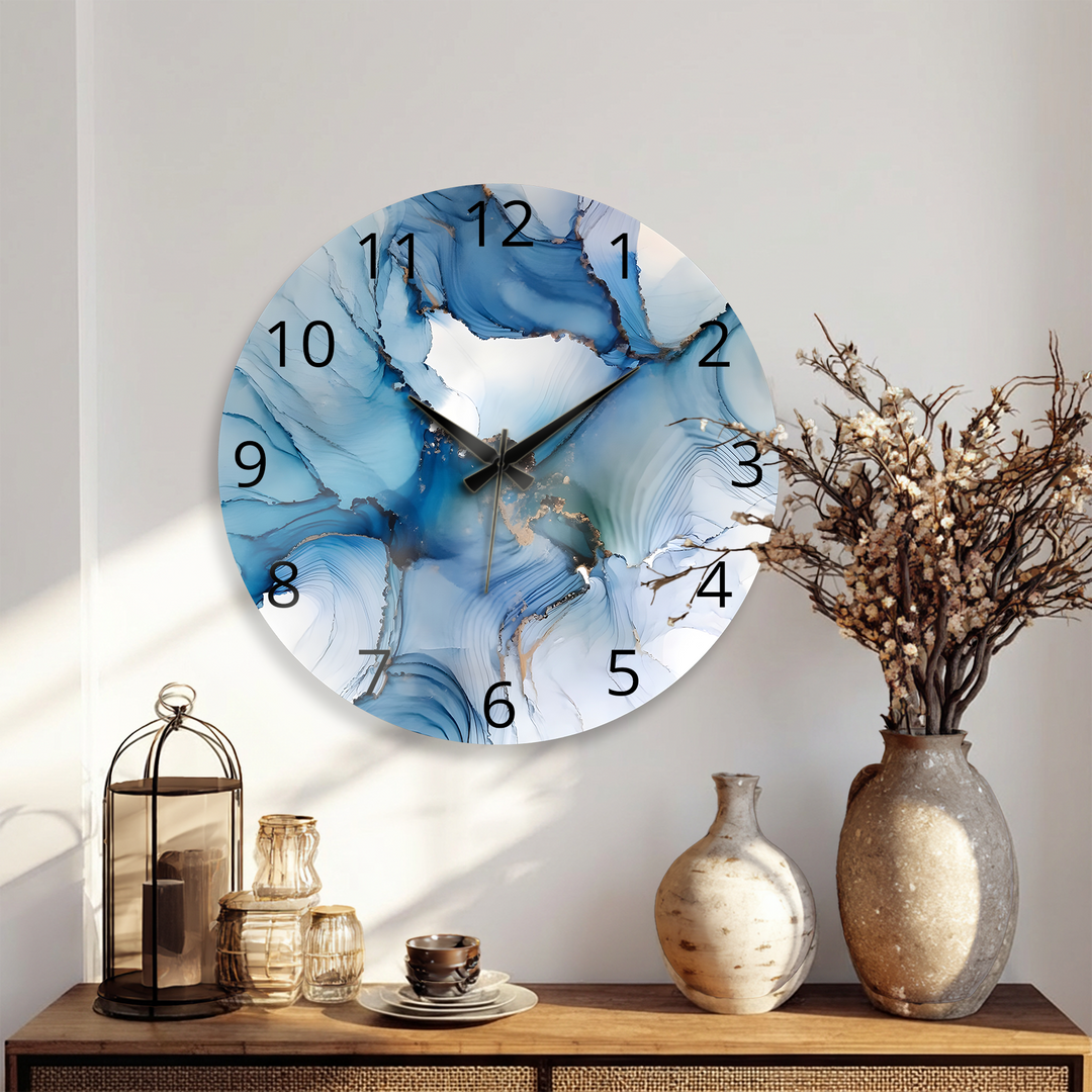 Blaue Marmorglas-Wanduhr – Abstraktes fließendes Kunstdekor