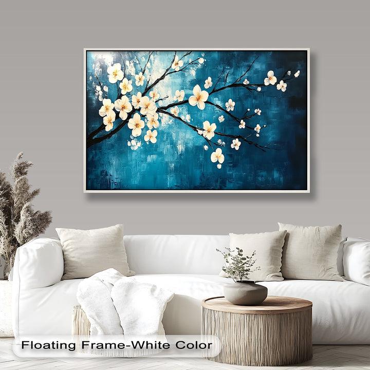 An elegant painting of blooming flowers on slender black branches, contrasting beautifully with bold shades of blue.