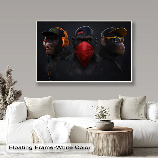 Finished with exceptional detail, this oil painting art piece showcases an urban evolution Banksy-style oil painting of streetwise chimps.