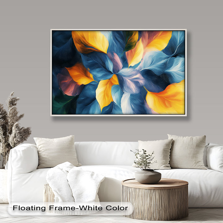 Vivid floral abstract painting with swirling golden and blue petals.
