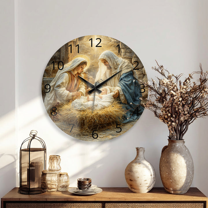 Nativity Scene Glass Wall Clock – Holy Family Christmas Decor