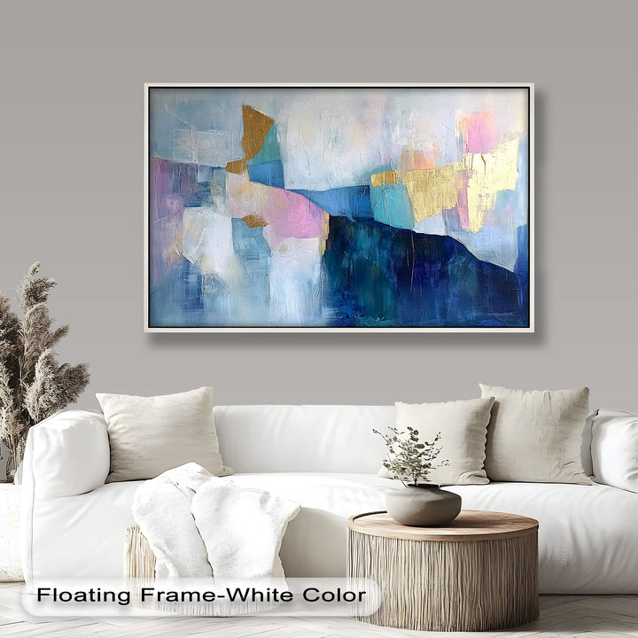 Modern abstract landscape painting with bold gold and soft pastel tones.
