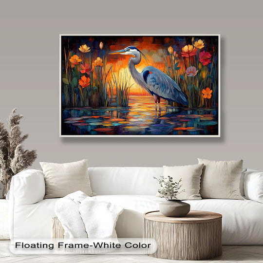 Showcasing depth and layers, this animal oil painting features a heron in a sunset scene, adding a textured element to oil painting home decor.