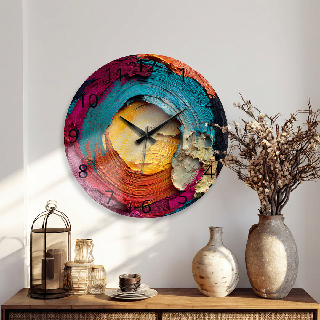 Colorful Abstract Glass Wall Clock – Vibrant Impasto Swirl Art