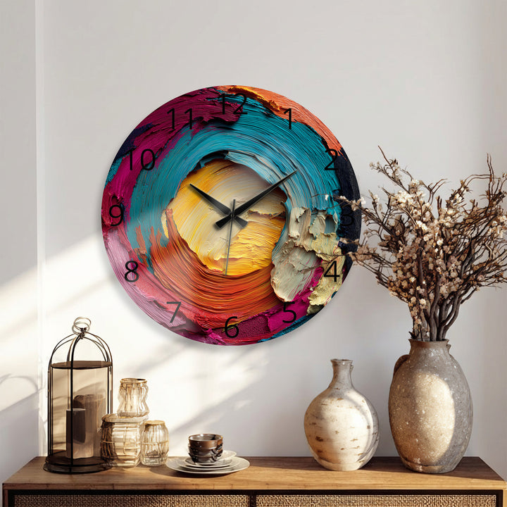 Colorful Abstract Glass Wall Clock – Vibrant Impasto Swirl Art