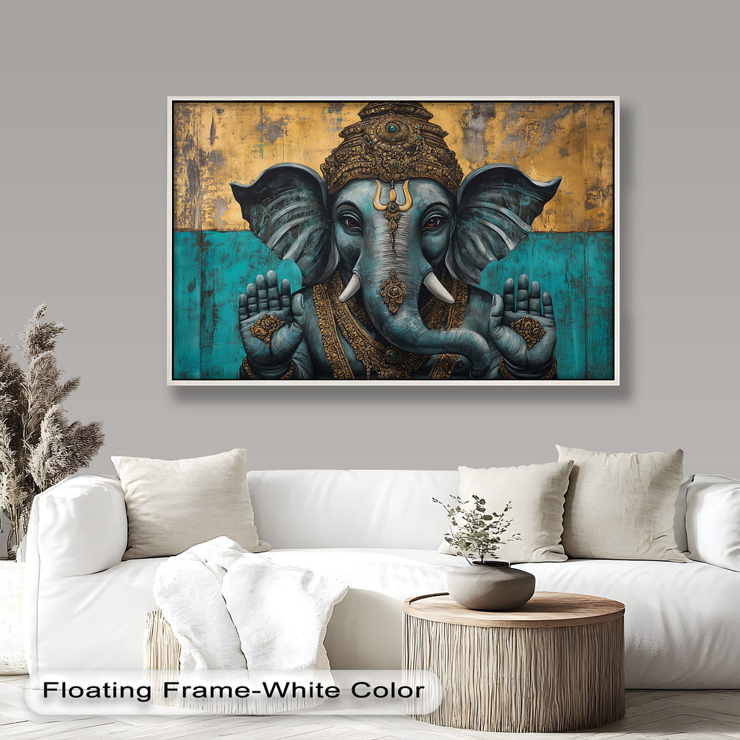 A powerful image of Lord Ganesha in full ceremonial form, surrounded by sacred symbolism and vibrant, contrasting colors.