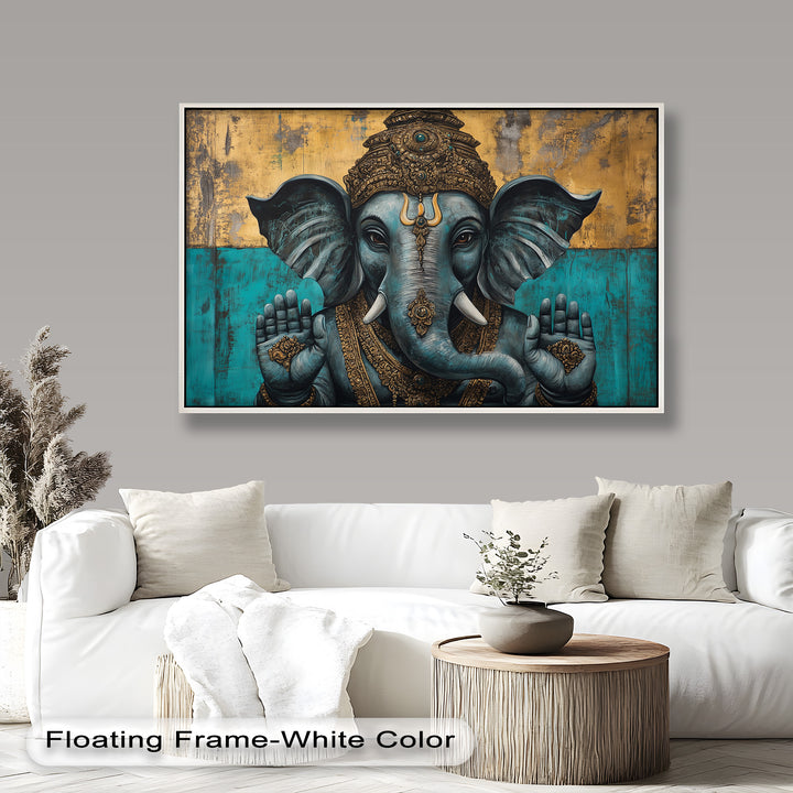 A powerful image of Lord Ganesha in full ceremonial form, surrounded by sacred symbolism and vibrant, contrasting colors.