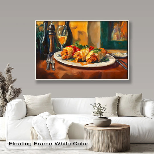 Flowing brushstrokes bring a sense of movement to this oil painting art prints depiction of stuffed peppers and wine, creating a gourmet dining scene.