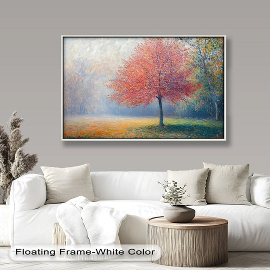 Aching for quiet contemplation, the impressionistic oil painting home decor sets a wistful mood depicting a vibrant tree in a misty autumn field.