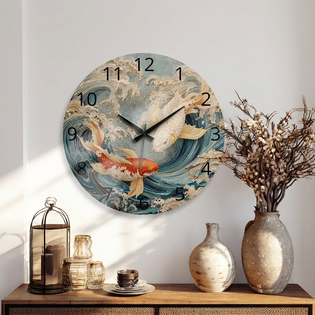Japanese Koi Fish Glass Wall Clock – Blue Ocean Wave Art