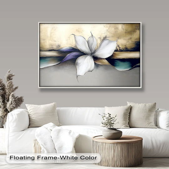 Foreground detail highlights the brushstrokes and layered texture of the elegant white blossom oil painting reproduction print, set against a neutral modern living space.