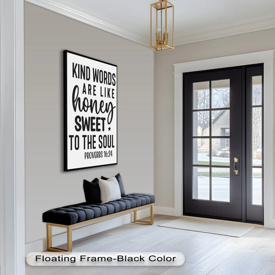 Considerable negative space surrounds the modern oil painting art featuring the 'Kind Words Like Honey' proverb, creating a striking contrast and emphasizing its message.