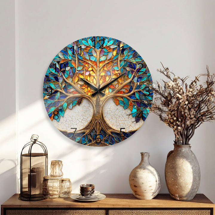 Tree of Life Glass Wall Clock – Blue and Gold Mosaic Decor