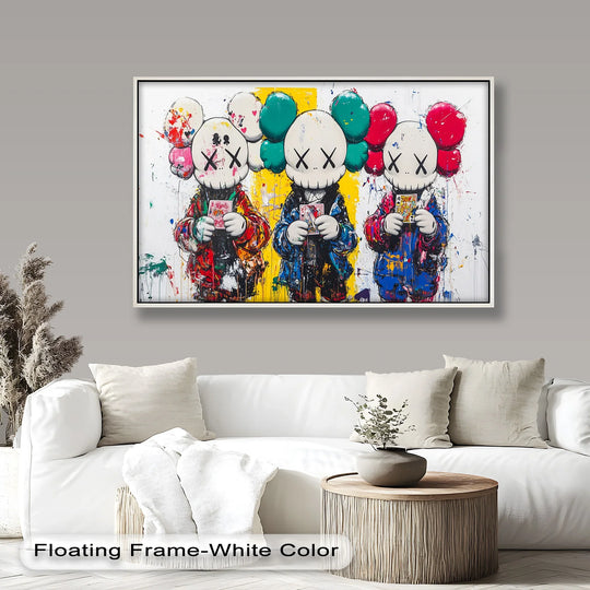 A vibrant oil painting decoration captures the bold KAWS figures with their striking 'x' eyes amidst a colorful, energetic splash of paint.