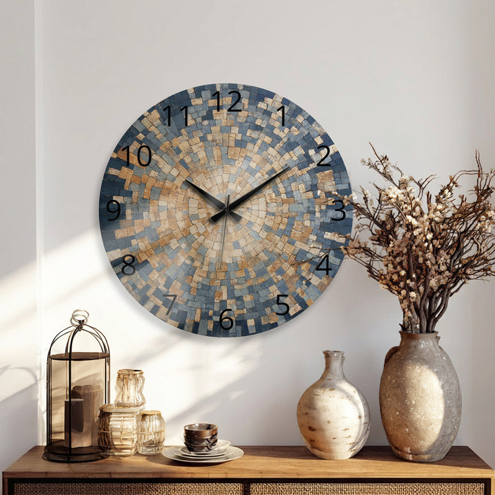 Blue Mosaic Glass Wall Clock – Beige Geometric Circle Art Decor