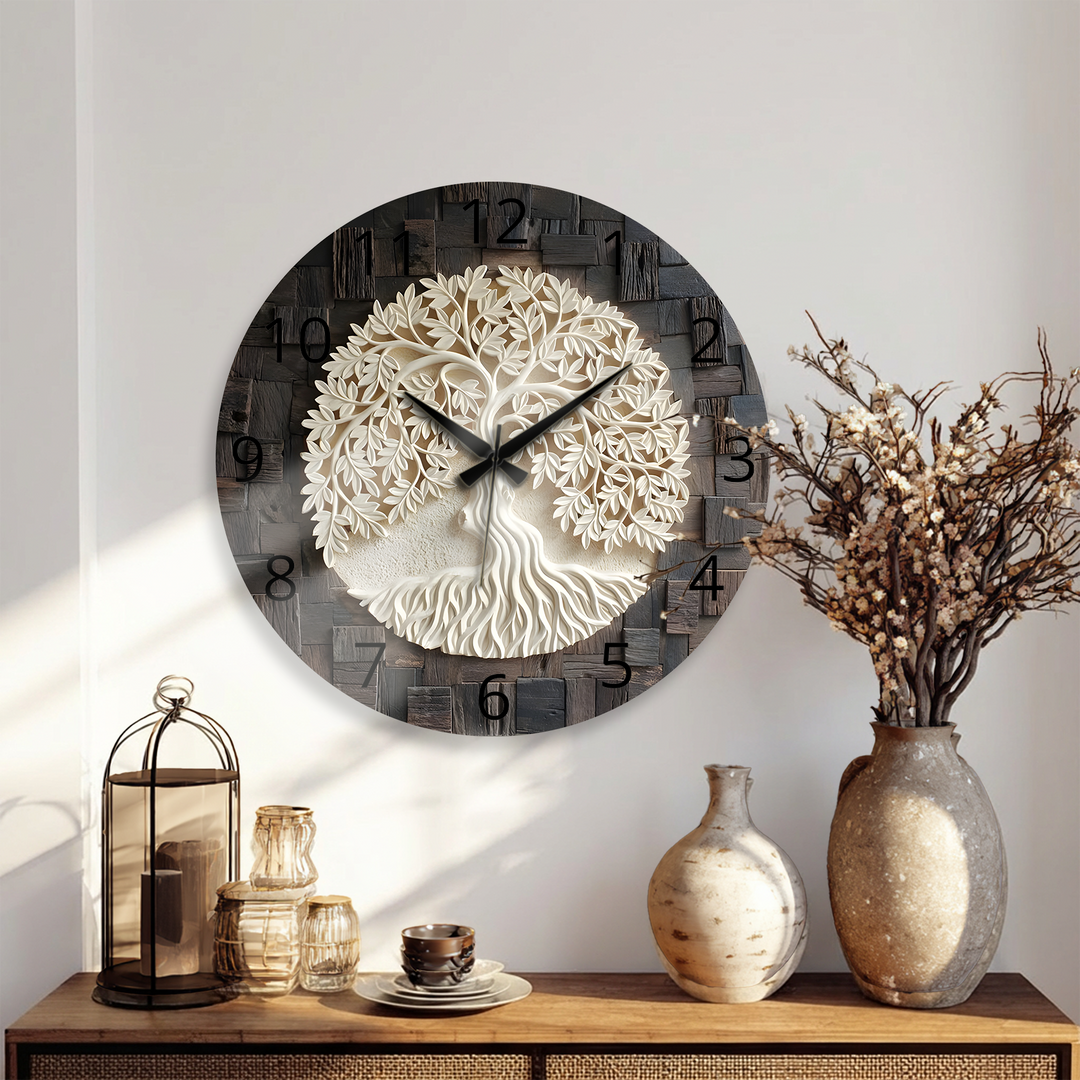 Tree of Life Glass Wall Clock – Rustic Wood Look Decor