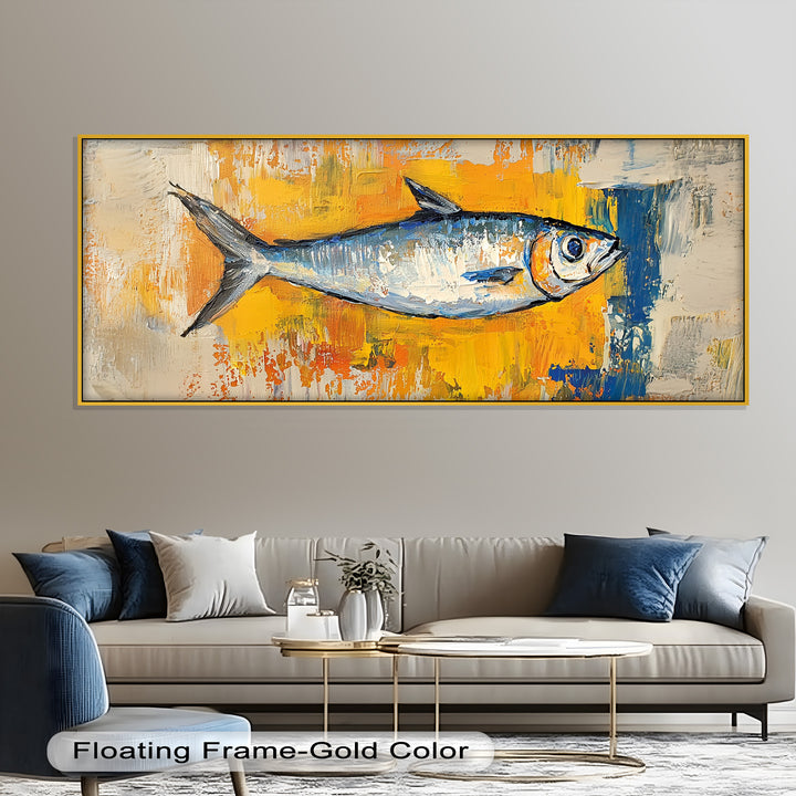 Blue Fish on Vibrant Yellow Background - Animal Oil Painting