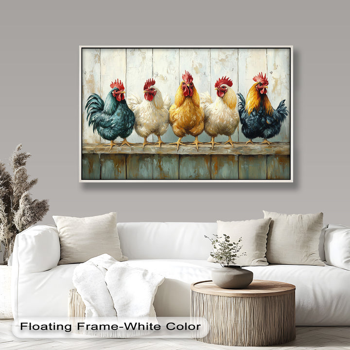 Colorful Roosters on a Wooden Fence – Animal Oil Painting