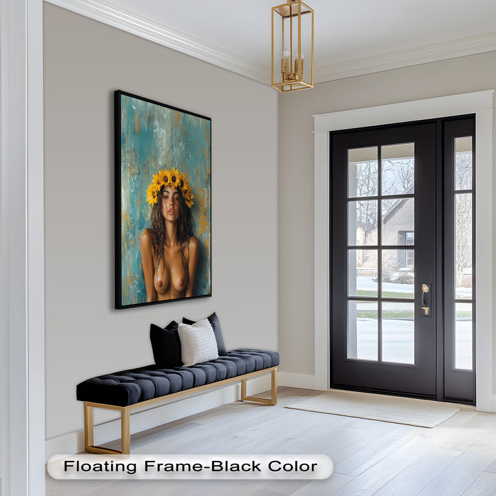 Sun-Kissed Solstice – Woman with Sunflower Crown Abstract Oil Painting