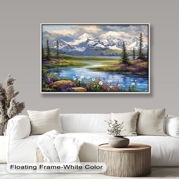 Vintage Mountains & River – Framed Oil Painting
