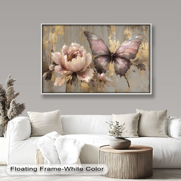 Romantic floral painting with a delicate butterfly in soft pink hues.
