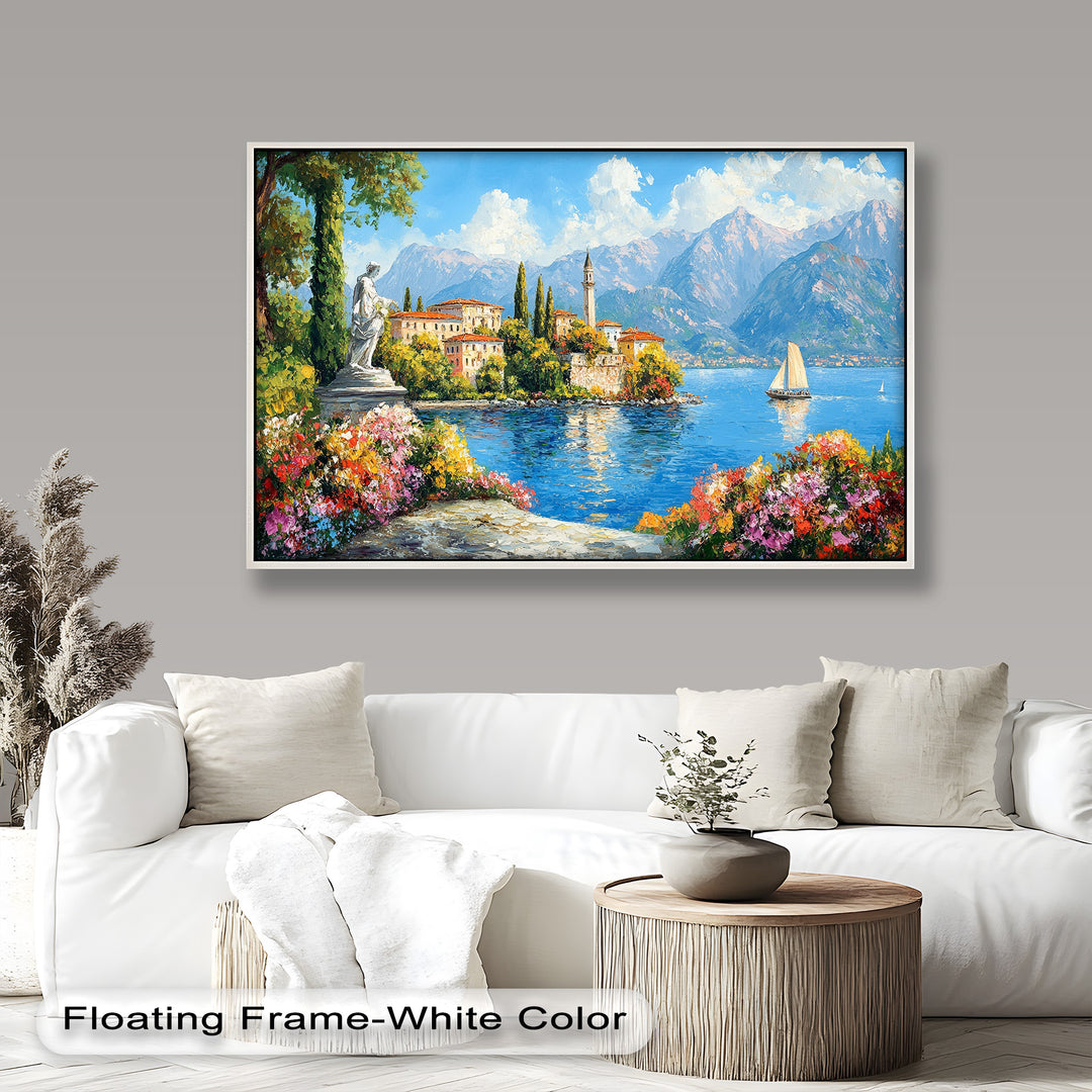This vibrant painting captures a sunlit lakeside village surrounded by blooming flowers, majestic mountains, and shimmering blue waters.


