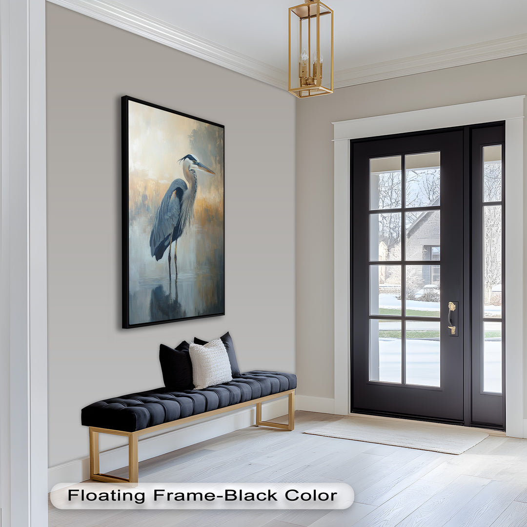 Heron in Misty Marshland - Framed Oil Painting