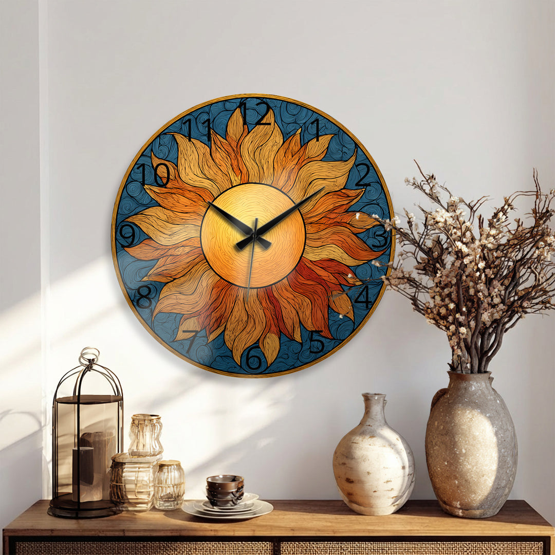 Boho Sun Glass Wall Clock – Golden Sunburst Decor
