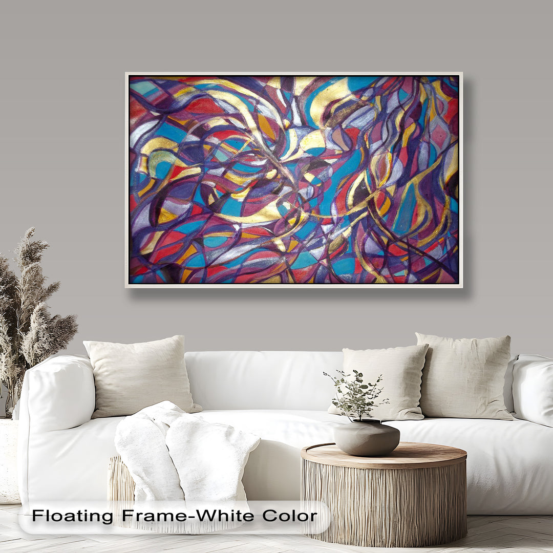 Colorful abstract painting with swirling ribbons of red, blue, gold, and purple in dynamic layered curves.