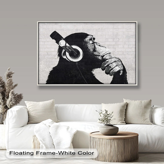Showing depth and layers, this contemplative chimp Banksy oil painting reproduction print features a textured foreground and subtly bricked background.
